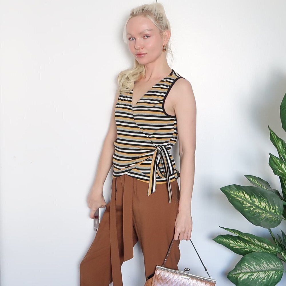 William B Striped Sleeveless Wrap Side Tie Top